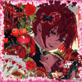 a picture of a girl with red hair and a hedgehog is surrounded by roses and playing cards