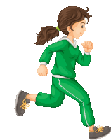 a girl in a green sweater and pants is running