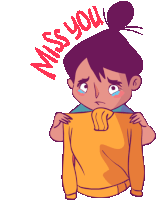 a cartoon of a girl holding a yellow sweater with the words " miss you " above her head