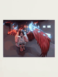 a drawing of a person with red and blue wings on a street