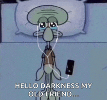 squidward from spongebob is crying while holding a cell phone