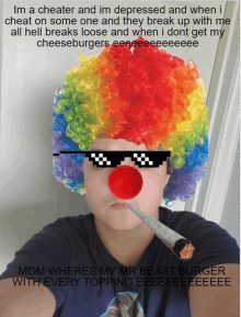 a clown with a rainbow wig and a red nose