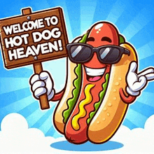 a cartoon hot dog is holding a sign that says `` welcome to hot dog heaven '' .