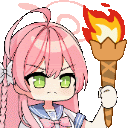 a cartoon girl with pink hair and green eyes is holding a torch with a fire coming out of it .