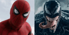 a close up of spider-man and venom with a long tongue