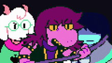 a pixel art drawing of a sheep with horns and a girl with glasses