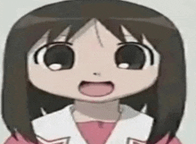 a close up of a cartoon girl with brown hair and a pink shirt with her mouth open .