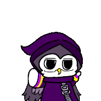 a drawing of an owl with a purple hood and a scarf that says 100