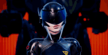 a close up of a person wearing a futuristic helmet