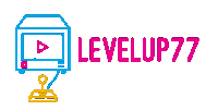 a logo for levelup 77 with a blue and yellow icon