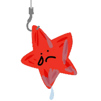 a cartoon drawing of a red starfish with a sad face hanging on a hook