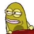 a cartoon character with glasses and a purple mouth is sitting on a red surface .