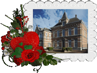 a picture of a building with red roses and a red heart in front of it