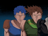a cartoon drawing of a man with blue hair and a man with brown hair