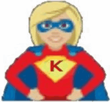 a cartoon girl is wearing a superhero costume with the letter k on her chest .