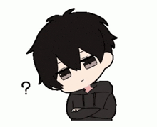 a cartoon of a boy with black hair and a question mark on his forehead .