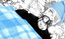 a drawing of a person laying on a blue checkered blanket