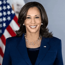 kamala harris is smiling in front of an american flag while wearing a blue jacket and pearl necklace .