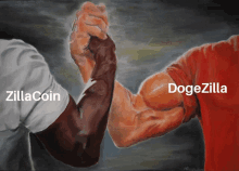 a painting of two men shaking hands with the words zillacoin and dogezilla