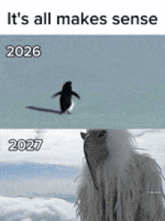 a picture of a penguin and a picture of a sheep with the caption it 's all makes sense
