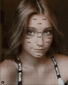 a woman 's face is marked with the word cute