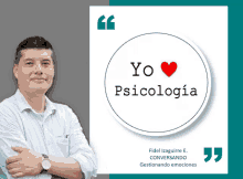 a man with his arms crossed stands in front of a sticker that says yo psicologia