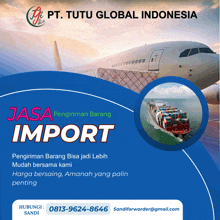 an advertisement for pt. tutu global indonesia shows a plane and a ship