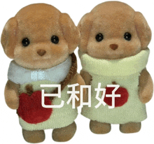 two stuffed animals with chinese characters on them