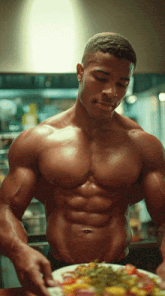 a shirtless man is holding a plate of food in his hands