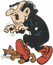 a cartoon character is standing next to a cat and playing with it .