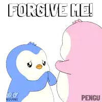 a cartoon of two penguins with the words forgive me