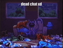 a cartoon of a cat sitting on a couch with the words dead chat xd on the bottom