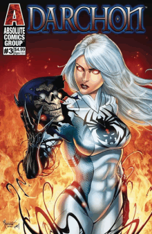 the cover of a darchomi comic book shows a woman in a white suit holding a skull