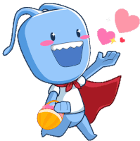 a blue cartoon character with a red cape and hearts around him