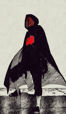 a drawing of a person wearing a black cape with a red symbol on the front