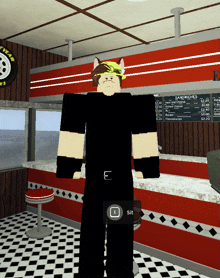 a cartoon character is standing in a diner with a menu behind him that says sandwiches