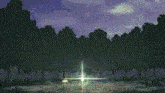 a pixelated image of a forest with trees and a light shining through the trees