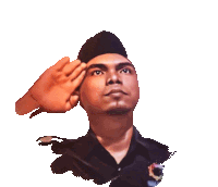 a man in a black hat salutes with his hand on his ear