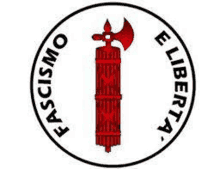 a red fire extinguisher with an axe on top of it is in a circle with the words fascism e liberta .