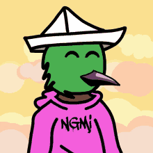 a cartoon of a green bird wearing a pink hoodie that says ngmj