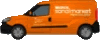 a small orange van with a logo on the side is sitting on a white surface .