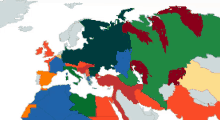 a map of europe and the middle east with various colored areas