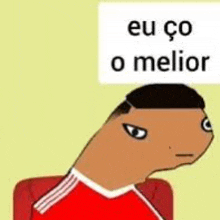 a cartoon man in a red shirt is sitting in a chair with a sign above his head that says eu co o melhor .