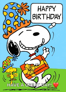 snoopy is wearing a party hat and holding a gift box and says happy birthday have a great day .