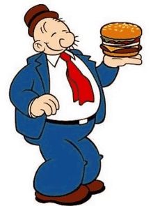 a cartoon man is holding a hamburger in his hand .