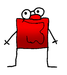 a cartoon drawing of a red square with big eyes and arms