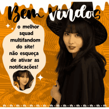 a woman in a witch hat is on a poster that says bem vindos o melhor squad multifandom do site