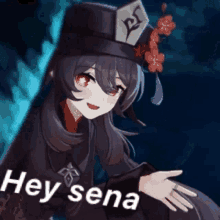 a girl wearing a hat with flowers on it and the words `` hey sena '' on the bottom .