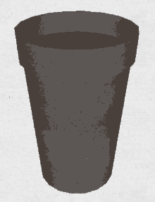 a gray cup with a brown liquid in it on a white background