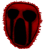 a red and black drawing of a face with tears coming out of its eyes